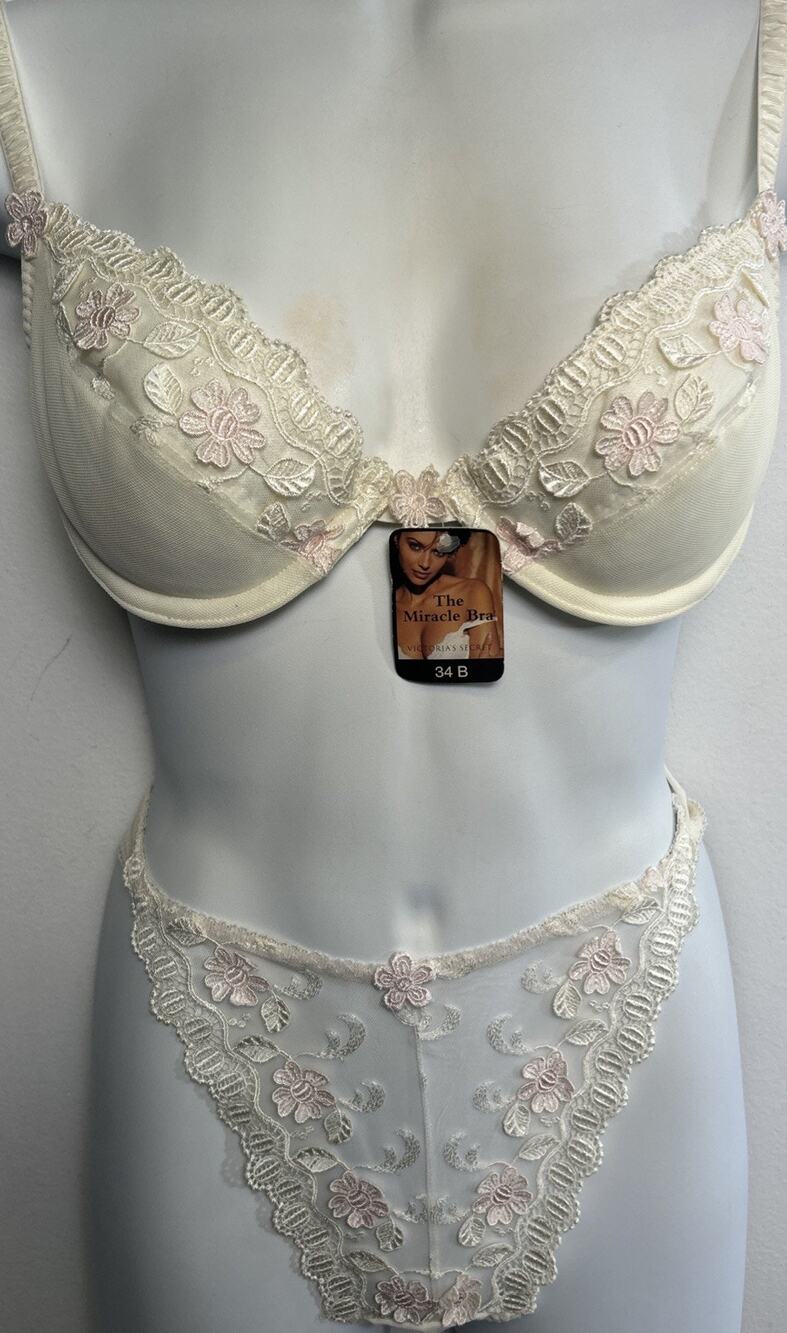 Vintage VICTORIA'S SECRET Bra 34B & Panty Set Mesh Lace Hi-Cut Small Underwear